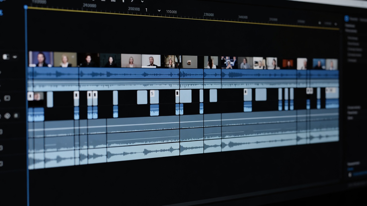 Close-up of a video editor main track with clips split apart where pauses have been removed during a rough cut