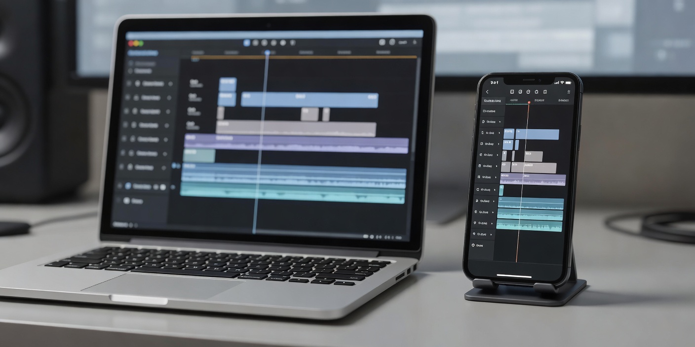 Laptop showing a vertical video editing timeline beside a smartphone displaying the same 9:16 clip
